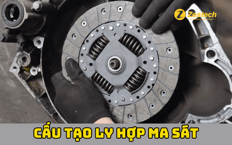 Minh họa trạng thái ly hợp bị nối, cho thấy đĩa ma sát bị ép chặt giữa bánh đà và mâm ép, truyền lực